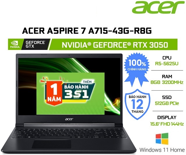 Acer Aspire 7 A715-43G-R8GA (R5-5625U/8GB/RTX3050-4GB/512GB/Đen)